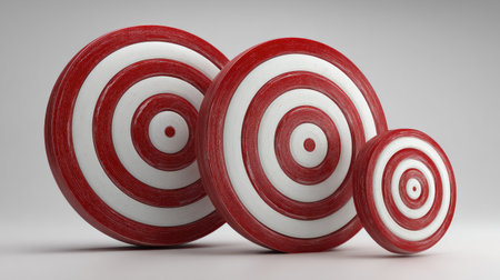 Three circular targets are displayed, each with concentric red and white rings. The composition uses a low-angle perspective, with the targets arranged to suggest depth. The lighting is soft, and the overall style is clean. Potential applications include illustrations for marketing, business, and concept imagery.の素材