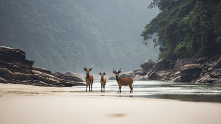 This image features three deer standing on a sandy riverbank with a backdrop of lush green mountains. The scene displays natural light and a cool color palette. The composition, style, and setting suggest the image could be suitable for environmental or nature-related projects, editorial content, and various commercial applications.の素材