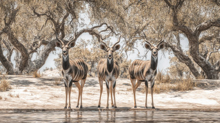 Three kudus stand near a water source, showcasing their distinctive striped coats. The image presents a wide-angle view, with muted earth tones and a soft, diffused light, suggestive of a hot day. The composition features a natural outdoor environment, suitable for various editorial and commercial applications. The scene evokes a sense of wildlife.の素材