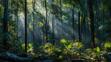 An image captures a dense forest interior illuminated by beams of sunlight. The scene features tall trees with vibrant green foliage, showcasing a composition with depth and varying textures. It could be useful for projects related to environmental themes, nature illustrations, or editorial content.の素材