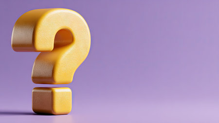 A three-dimensional yellow question mark is centered against a soft violet background. The image exhibits smooth textures, rendered lighting, and a shallow depth of field. This conceptual artwork is suitable for various commercial uses, including website design, advertising campaigns, and educational materials. The composition offers ample copy space.の素材