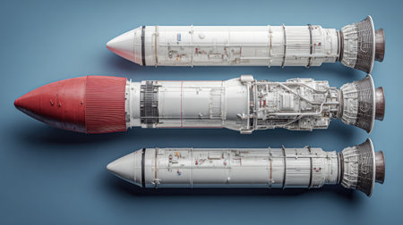 Three missile warheads are presented against a blue backdrop. The warheads feature a combination of white and red components, exhibiting detailed engineering and mechanical elements. The image appears to be created in a studio setting. This imagery could be used in various commercial or editorial contexts to illustrate strategic themes.の素材