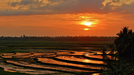 An image captures a serene sunset over agricultural fields. The sky displays vibrant orange and yellow hues, illuminating the landscape. The foreground reveals terraced fields, while silhouette trees frame the horizon. The composition evokes a sense of peace and natural beauty, suitable for various editorial and commercial applications.の素材