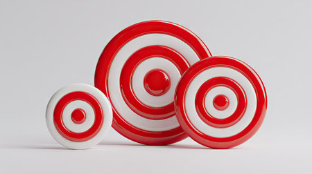This image presents three concentric circle targets in varying sizes, primarily red and white. The objects have a glossy finish, suggesting a studio setting with soft lighting. The composition is straightforward with a white background, highlighting the targets. It may be suitable for illustrating concepts of accuracy, strategy, or business objectives.の素材