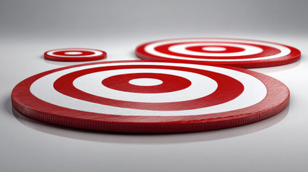 Three circular targets are displayed, featuring alternating red and white concentric rings. The objects are set against a soft gray backdrop, creating a simple, clean composition. The lighting appears diffused, emphasizing the textures. This image is suitable for various commercial uses, including illustrations and conceptual design.の素材