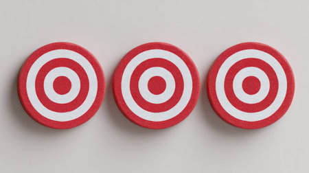 This image showcases three circular targets, each with a red and white concentric pattern. The objects are centrally positioned against a uniform, neutral backdrop. The composition is straightforward, emphasizing the targets' form and color contrast. Suitable for visual concepts about goals, accuracy, and strategic planning in various applications.の素材