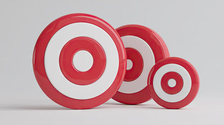 Three circular targets are arranged against a simple white backdrop. These objects showcase red and white concentric rings. The composition suggests a focused, clean design, with smooth surfaces and diffused lighting. Potential applications could include advertising, design elements, or representing goals and objectives.の素材