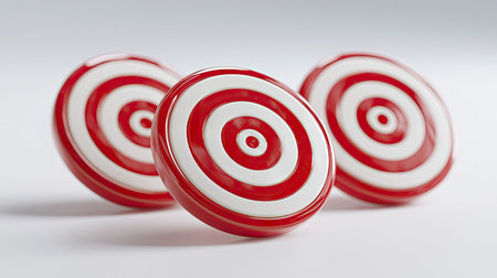 Three circular targets are featured against a clean white backdrop. The objects present alternating red and white concentric circles, with a glossy finish. This composition utilizes overhead lighting. This image could be used in projects related to accuracy, goals, or business.の素材