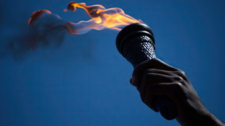 A hand holds a torch aloft, flames dancing against a brilliant blue backdrop. The image showcases warm, bright orange and yellow flames contrasting with the cool blue background. The composition, lit by the sun, provides a sense of drama and highlights the torch. Suitable for editorial and commercial use.の素材