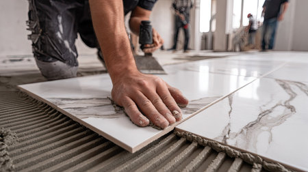A close-up view depicts a tiler using a trowel to apply adhesive for tile installation on a floor. The image shows the process within an interior setting, possibly a newly constructed space. The composition features a shallow depth of field, with soft focus on the tiler's hands. Suitable for illustrating construction and renovation concepts.の素材