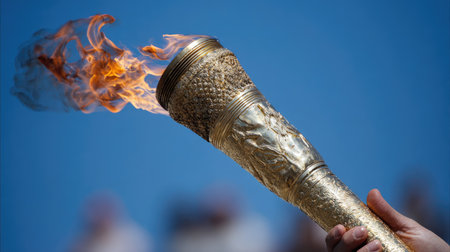 A hand holds a torch with flames erupting from the top. The torch displays detailed patterns and textures. The background shows a vivid blue sky. This image is suitable for various commercial uses, including illustrations and editorial content, and it highlights themes of events and achievements.の素材