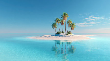 An isolated island is depicted, featuring several palm trees against a bright blue sky. The serene scene showcases vibrant turquoise water reflecting the island and sky. The image suggests a tropical environment with potential uses for travel, vacation, or environmental themes.の素材