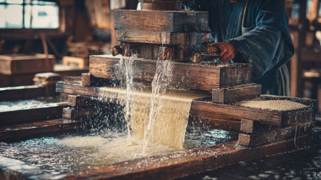 An artisan is working with a wooden paper press in a workshop. The image presents a close-up of the equipment, with water flowing through it. It showcases natural materials, warm colors, and a vintage aesthetic. This photo could be used for illustrating processes or artisanal crafts.の素材