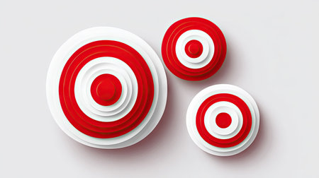 The image showcases three circular targets in varying sizes, each composed of concentric red and white rings. The targets are rendered with a three-dimensional effect against a clean, white backdrop, creating a simple and graphic composition. This visual could be used for illustrations related to goals, accuracy, or strategic planning in a commercial setting.の素材