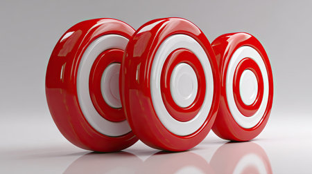 Three rounded targets are arranged against a light background. Each circular target showcases a vibrant red color with concentric white rings. The composition uses overhead lighting, creating a bright and clean look, potentially useful for advertising or illustrating goals and achievements in various commercial contexts.の素材