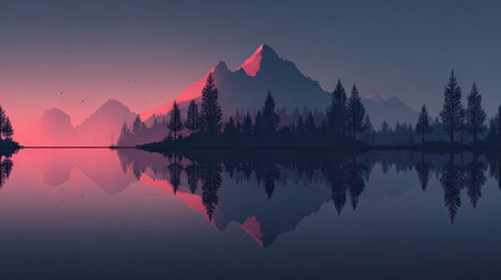 This tranquil landscape features silhouetted mountains, trees, and a serene lake. The artwork showcases a gradient color palette, with hues of pink, purple, and blue. The composition creates a mirrored reflection in the water, suggesting a peaceful environment, suitable for various editorial and commercial applications.の素材