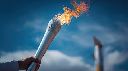 A hand holds a silver torch with a bright flame against a vibrant blue sky with soft, blurred clouds. The composition has an upward perspective, creating a dynamic visual. This image could be used in various commercial or editorial projects needing themes of accomplishment or achievement.の素材