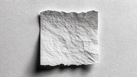 A textured square of torn paper rests against a smooth gray surface. The monochrome image showcases the paper's crinkled texture, edges and shadow. The composition highlights the material's fragility. Suitable for various design projects, this image can be used for artistic or commercial purposes.の素材