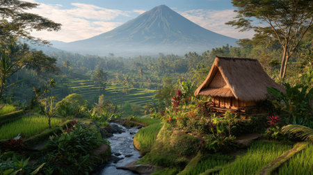 This scenic image showcases a traditional hut nestled amidst a vibrant green landscape. The composition features a prominent mountain in the background, a flowing stream, and lush vegetation. The warm sunlight creates a serene atmosphere. It could be used for travel, nature, or lifestyle publications.の素材