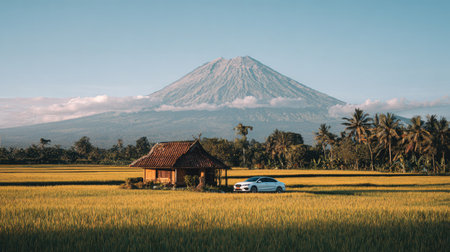 A scenic landscape showcases a small house, a parked vehicle, and a distant mountain against a bright blue sky. The composition features a foreground of golden fields and scattered palm trees. The scene is illuminated by natural light, ideal for various editorial and commercial applications.の素材