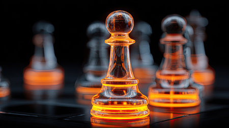 The image features a close-up of translucent chess pieces with glowing orange illumination. The pieces stand against a dark backdrop, with depth of field creating a blurred effect. The composition suggests a strategic concept. This visual could be suitable for various commercial or editorial applications.の素材