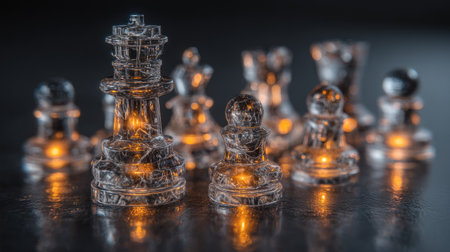 A close-up view displays crystal-like chess pieces, each exhibiting intricate details and illuminated sections. The pieces are positioned on a reflective surface against a dark backdrop, creating an artistic effect. This composition might be suitable for promotional materials, educational resources, or thematic projects.の素材