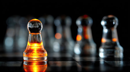 A close-up captures a transparent pawn, its interior lit with orange, set against blurred chess pieces. The image showcases the interplay of light and shadow, with a shallow depth of field. This composition evokes a sense of strategy and focus. Ideal for illustrative and conceptual projects.の素材