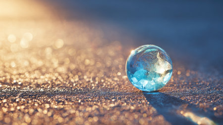 A translucent sphere, possibly a glass globe, sits on a textured surface. The image presents a shallow depth of field, emphasizing the sphere's form. Warm, golden light illuminates the scene, contrasting with cooler blue tones. The composition may be suitable for various commercial projects and editorial uses.の素材