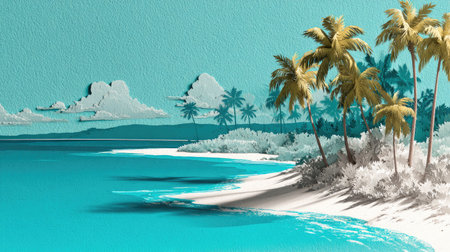 A tranquil tropical scene showcases a sandy beach bordered by turquoise water and lush palm trees. The image presents a serene composition with an overhead perspective. The style incorporates paper cut-out elements. The lighting suggests daytime ambiance, suitable for various commercial uses.の素材