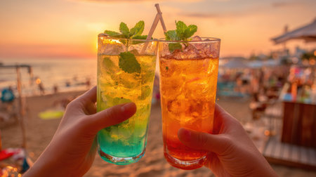 Two hands hold colorful cocktails with mint garnishes, celebrating on a beach. The drinks display vibrant hues of orange and yellow against a blurry sunset backdrop. The composition features soft lighting with a shallow depth of field, appropriate for advertisements or lifestyle imagery.の素材