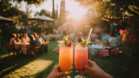 Two vibrant cocktails, garnished with fresh herbs and fruit, are held aloft against a blurred background. The image showcases warm sunlight filtering through an outdoor setting with people, suggesting a celebratory gathering. The photograph's composition and lighting are suitable for editorial or promotional usage.の素材