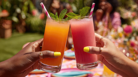 Two hands raise glasses filled with colorful beverages against a soft focus, natural backdrop. The drinks, one orange and one pink, are garnished with mint and striped straws. The composition showcases a close-up perspective with bright lighting, suggesting an inviting outdoor gathering. Suitable for use in lifestyle or refreshment-themed commercial contexts.の素材