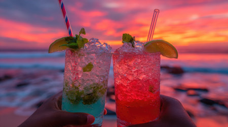 Two cocktails are held up against a vibrant sunset over the ocean. The drinks feature ice and garnishes, with straws. The scene uses warm tones from the sunset and cool tones from the drinks. This image is suitable for promotional materials related to beverages, hospitality, or travel.の素材