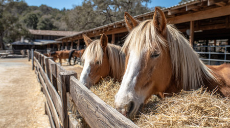 Two horses with tan manes are eating hay inside a wooden structure with a fence in the foreground. The daylight brightens the scene and highlights the horses' features. The image features a natural environment suitable for various commercial and editorial applications, possibly related to livestock or rural themes.の素材