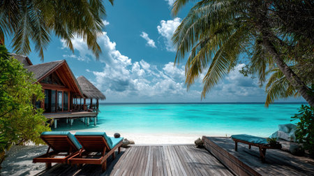 This image presents a serene tropical beach scene featuring wooden structures, vibrant turquoise water, and lush palm trees. The composition includes sunbeds on a deck, inviting relaxation. The lighting suggests a bright day, highlighting the natural colors and textures. Ideal for illustrating themes of vacation, leisure, and travel experiences.の素材
