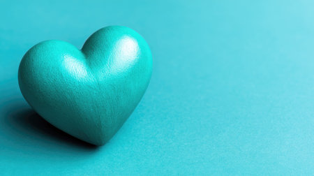 A close-up showcases a turquoise heart object centered on a matching plain background. The heart displays a smooth, reflective surface with soft lighting. The composition suggests an indoor setting, and the image could be suitable for various commercial uses, including website design or editorial content.の素材