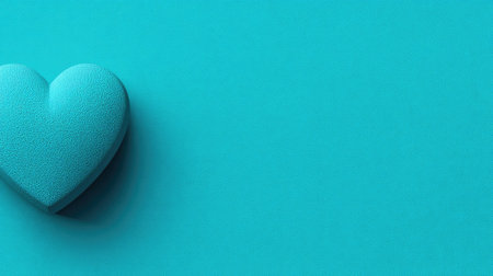 A single turquoise heart shape rests against a smooth, matching backdrop, creating a minimalist composition. The lighting appears soft and even, highlighting the heart's texture. The image evokes feelings of love and affection. Suitable for use in various design projects and visual communications.の素材