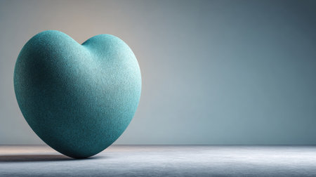 A close-up captures a turquoise heart-shaped object positioned on a gray surface, contrasting against a soft, gradated backdrop. The composition is simple, with gentle lighting. This versatile image is suitable for various commercial applications, including editorial content and promotional materials.の素材