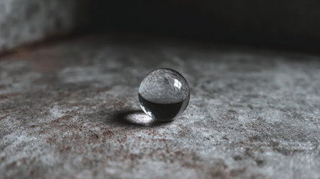 A close-up captures a clear water droplet resting on a rough surface. The droplet reflects light, creating highlights and shadows. The image uses a muted color palette, emphasizing texture and form. This composition could be used for various purposes including scientific, design, and conceptual projects.の素材