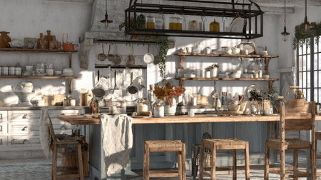 An inviting kitchen space with wooden furniture, shelves, and various kitchenware. Warm natural light streams through a large window illuminating the interior. The composition showcases a cozy atmosphere suitable for domestic projects, culinary themes, and editorial content.の素材