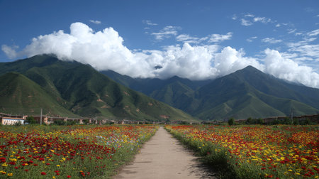 A dirt pathway meanders through a field of colorful wildflowers, drawing the eye towards a distant mountain range. The composition features a natural outdoor environment, with green mountains under a bright blue sky dotted with puffy white clouds. Suitable for various editorial and commercial applications related to nature and travel.の素材