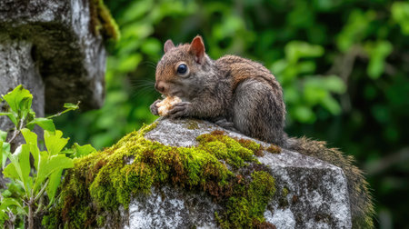 A squirrel is observed perched on a moss-covered rock, engaging in the act of eating. The image displays natural colors, featuring soft textures and a medium focus. The composition is set outdoors during daylight. Suitable for various editorial and commercial projects focusing on wildlife or nature themes.の素材