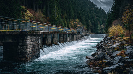This image captures a stone dam with water cascading over its edge into a flowing river. A metal railing lines the dam's top. Lush green trees and a mountainous backdrop frame the water. The composition showcases natural textures, perfect for environmental or landscape visuals, suitable for various editorial uses.の素材