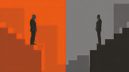 Two silhouetted figures stand on staircases against contrasting backgrounds of orange and gray. The image showcases graphic design with bold color blocking and flat lighting. This conceptual artwork may be suitable for illustrating themes of choices, opportunity, or conflict in various commercial or editorial contexts.の素材