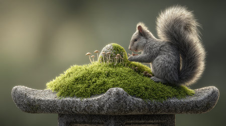 A squirrel examines a structure covered in green moss, set outdoors with soft lighting. The composition features a natural aesthetic with a blurred background suggesting a garden or park setting. Potential uses include editorial illustrations or natural environment imagery.の素材