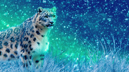 A snow leopard is depicted in a digital illustration. The image showcases the animal in a snowy environment. The artwork uses a cool color palette with shades of blue and green. It could be used for various commercial or editorial purposes, such as print media and digital marketing.の素材