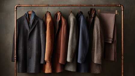 An assortment of coats and trousers in different colors hangs neatly on a copper rail. The garments display various textures and styles, illuminated by soft lighting. The composition suggests a retail environment or fashion presentation, suitable for advertising or editorial content. The image emphasizes elegance and sophistication in apparel.の素材