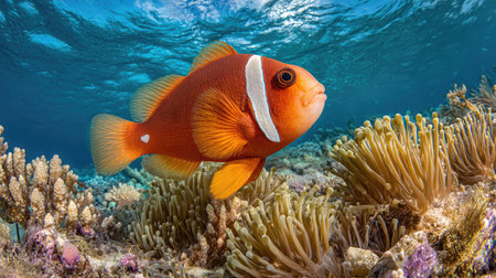 A bright orange clownfish, distinguished by white stripes, gracefully swims among coral formations beneath the ocean surface. The underwater environment features colorful coral, bathed in clear blue water. Suitable for illustrating marine ecosystems or for use in educational publications and advertising materials.の素材