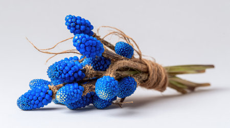 A close-up studio shot presents a bouquet of vividly colored blue flowers. The composition showcases detailed textures of the flower heads and stems, bound together. The bright lighting illuminates the subject against a clean white backdrop, creating a simple and elegant visual. Suitable for various commercial and editorial applications.の素材