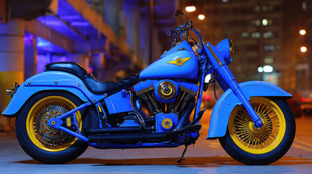 A striking blue motorcycle, highlighted by gold detailing, is featured in this image. The vehicle is positioned in what appears to be an urban setting, possibly at night, illuminated by streetlights. The composition uses a side-on perspective showcasing the design. This image could be suitable for various commercial projects related to vehicles or design.の素材